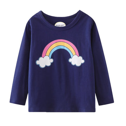 Toddler Girl Long Sleeve Shirts Ruffle Blue Rainbow Cotton Casual Crewneck Jersey Tunic T-Shirts 3 Packs