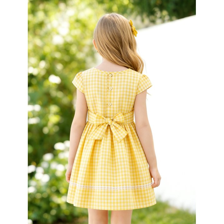 HILEELANG 3-13T Little/Big Girls Yellow Gingham 100% Cotton Dress