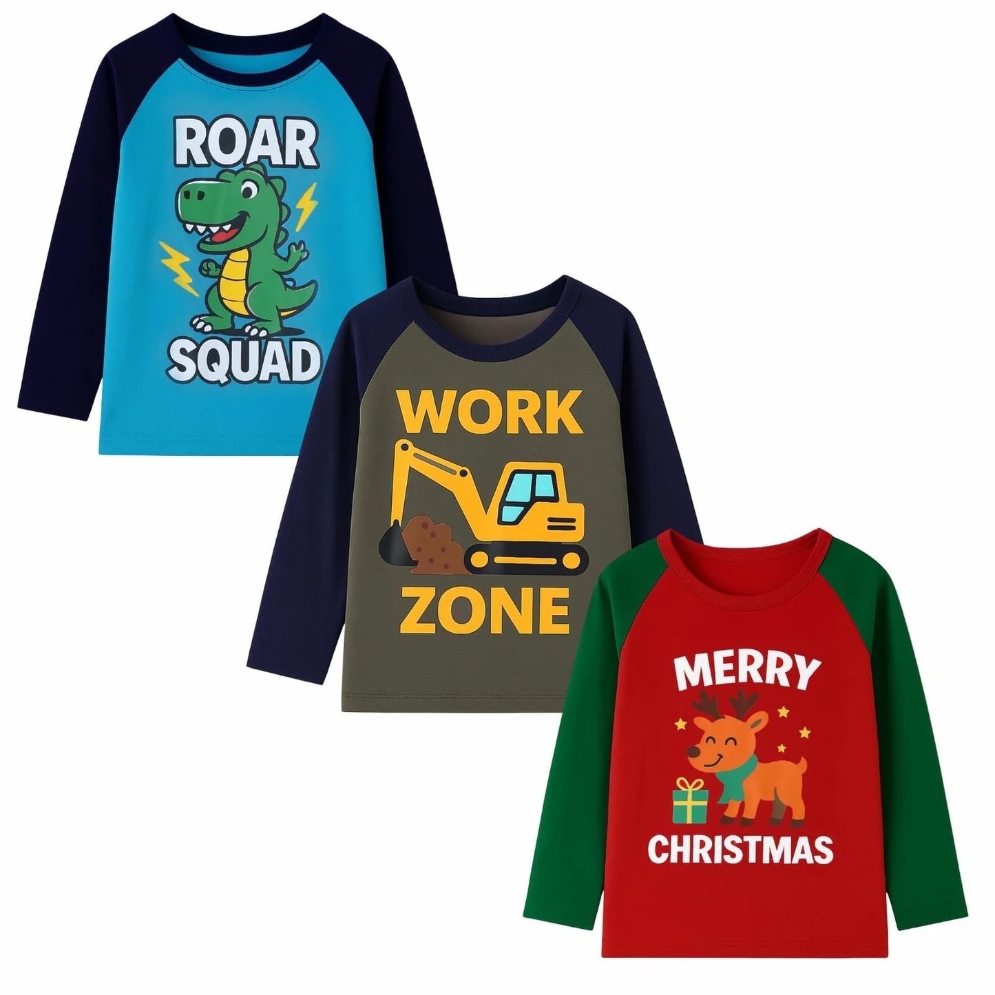 HILEELANG Toddler(2-7Y) Boys Shirt Christmas 3-Pack Elk Dinosaurs Graphic Long-Sleeve Tees Winter Cotton Casual Crewneck T-Shirts