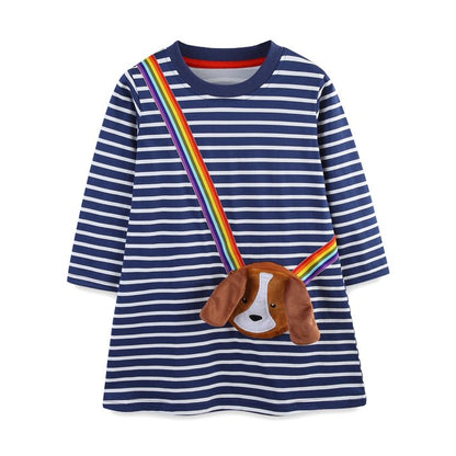 HILEELANG 100% Cotton Girls Long Sleeve Dress with NavyUnicorn ,NavyStripeDog,StripeStrawberry and FloralPumpkin – Ages