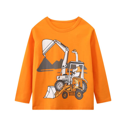 HILEELANG Toddler Boys' Long Sleeve Tee Shirt Christmas Cotton Casual Crewneck Excavator Graphic Tops T-Shirts Yellow Blue 3 Packs