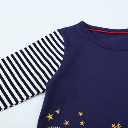 HILEELANG Toddler Girl Christmas Dress Navy Blue Deer Elk Santa Applique Long Sleeve Cotton Casual Dresses