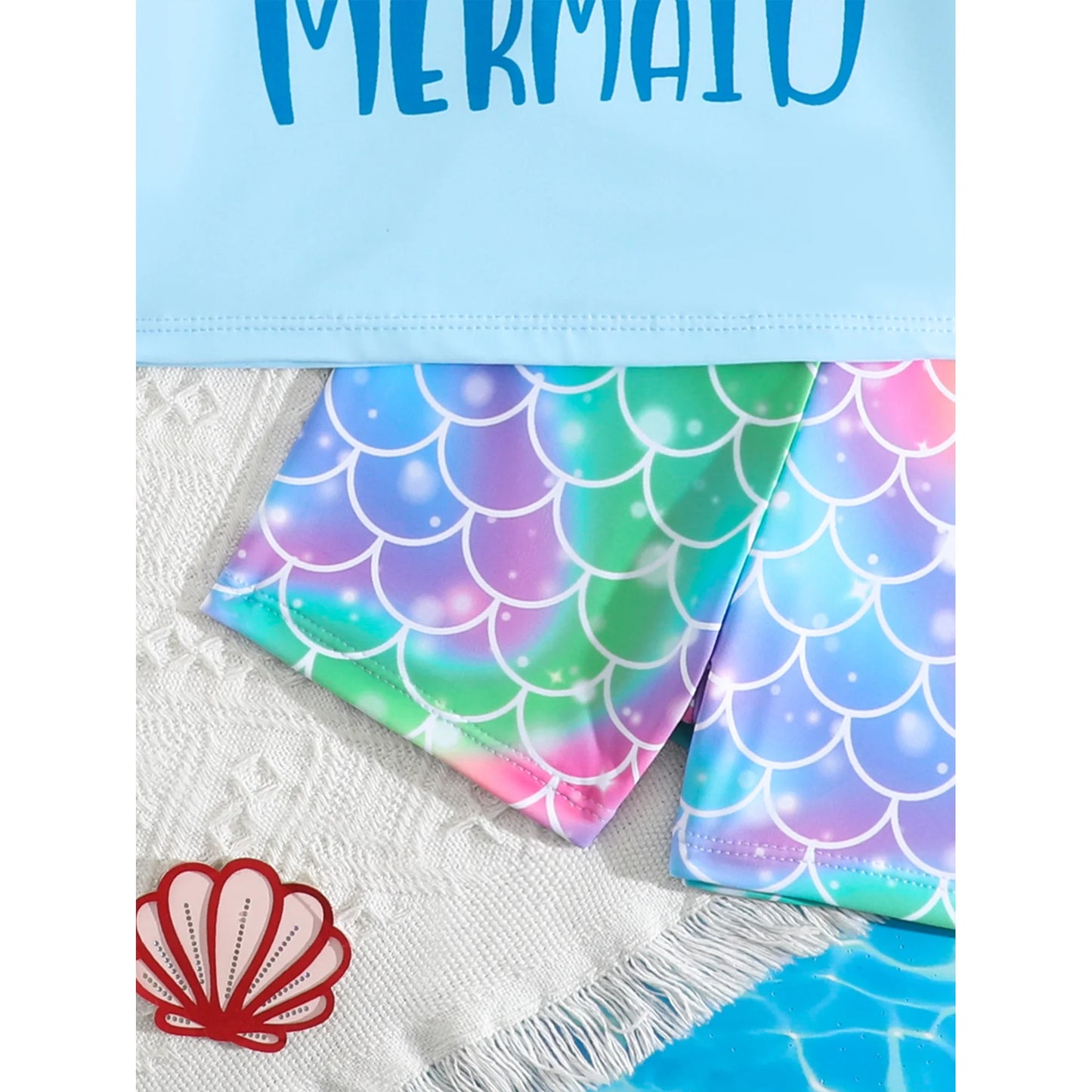 HILEELANG Toddler Girls' Rash Guard Sets Long Sleeve Shirts and Swim Shorts 2 Piece Blue Mermaid Swim