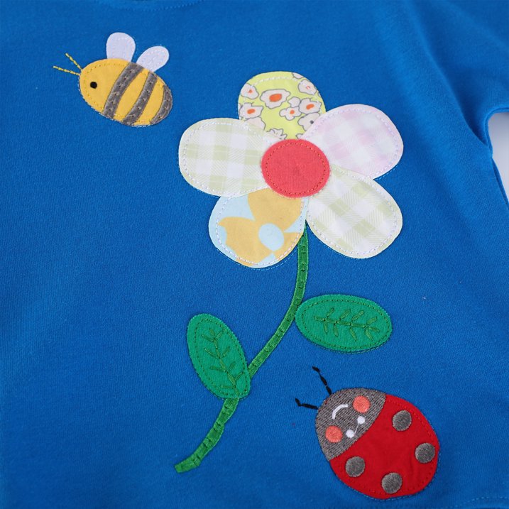 HILEELANG Toddler Girls(2-7Y) Blue Sweatshirt Cotton Falling Shoulder Sleeve Pullover Colorful Royal Flower Fall Winter Shirt