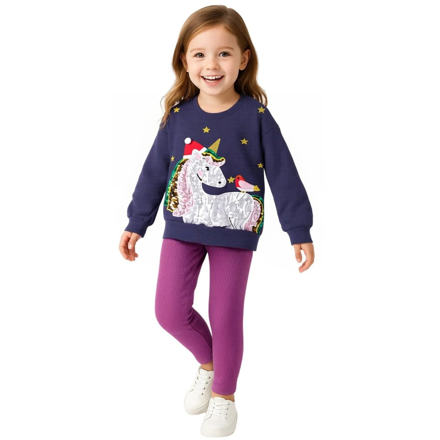 HILEELANG Toddler Girl Fall Outfits Clothing Pants Set Unicorn Sweatshirt（Age:2-7Y) Cotton Strench Purple Leggings Playwear Sets