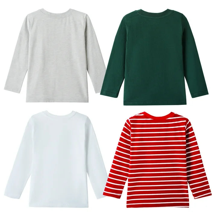 HILEELANG Toddler Boys Long Sleeve T-Shirts (18M–7Y) 4-Pack-Red Stripe Grey Green White Cotton Multipack Tops Tee Shirts