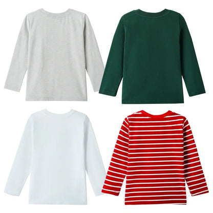 HILEELANG Toddler Boys Long Sleeve T-Shirts (18M–7Y) 4-Pack-Red Stripe Grey Green White Cotton Multipack Tops Tee Shirts