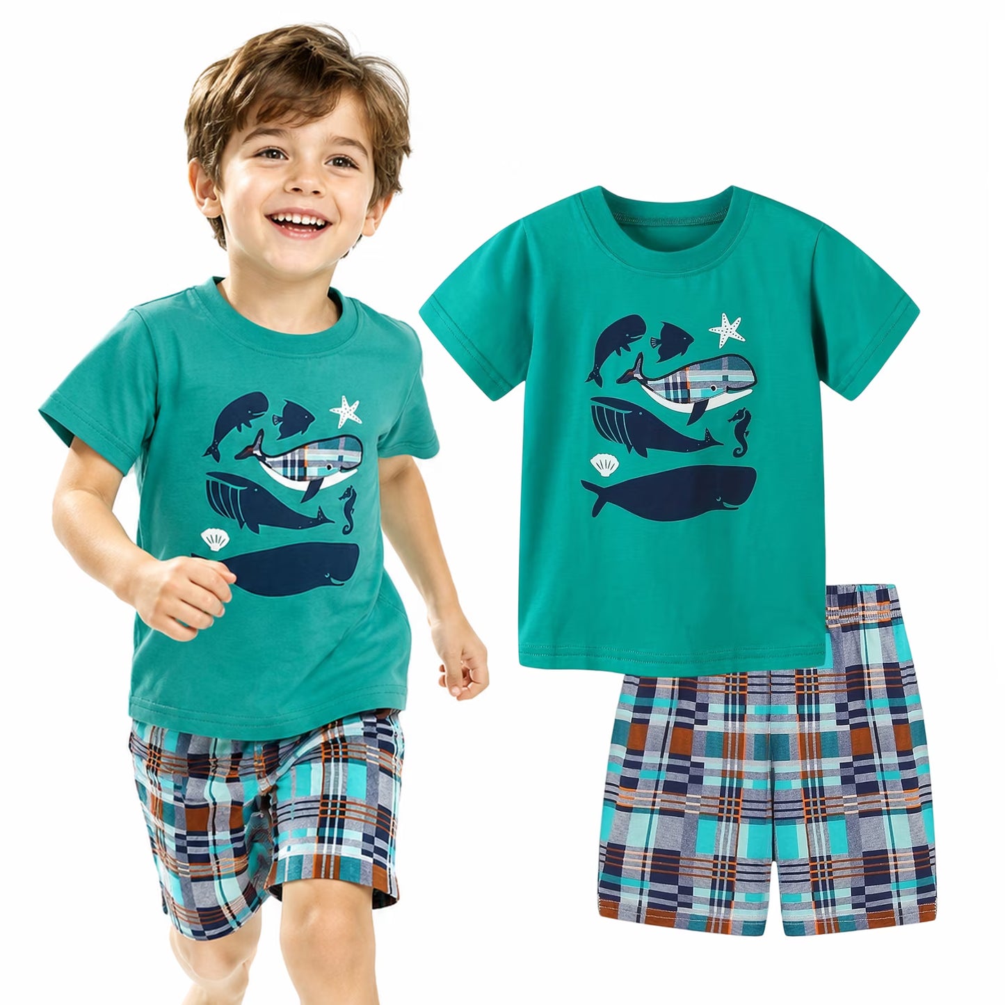 HILEELANG Toddler Boys Crewneck Green Short Sleeve Tee Shirt and Check Shorts Set, 3T