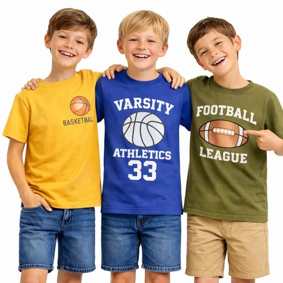 HILEELANG 4-13 Little Boys Red Navy Gray 100% Cotton Sports Graphic 3-Pack Short Sleeve T Shirt Summer Tops