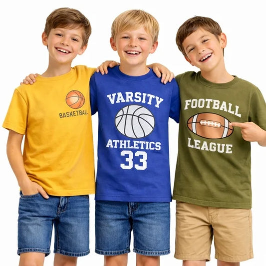 HILEELANG 4-13 Little Boys Red Navy Gray 100% Cotton Sports Graphic 3-Pack Short Sleeve T Shirt Summer Tops