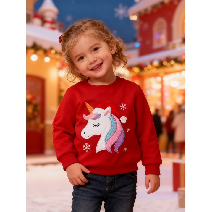 HILEELANG Toddler Girls(2-7Y) Christmas Red Sweatshirt - Kids Festive Unicorn Pullover Holiday Crewneck Tops Long Sleeve
