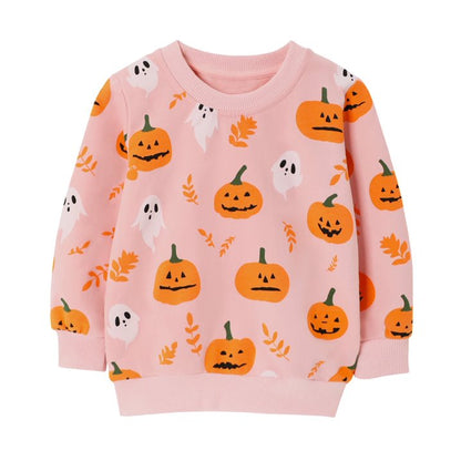 HILEELANG Toddler(18M-7T) Halloween Sweatshirt – 100% Cotton Pullover with Pumpkin Ghost and Leaf Print, Pinkish Brown Fall Crewneck for Boys Girls
