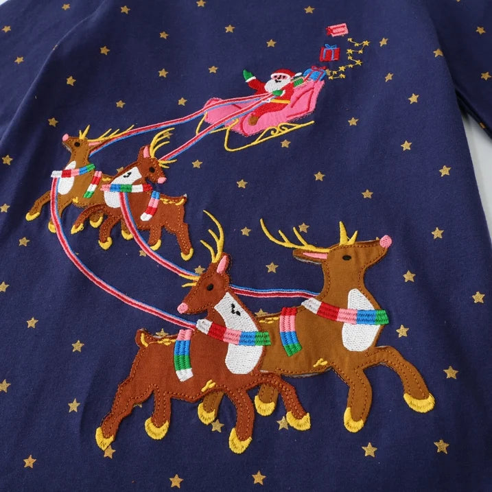 HILEELANG Toddler Girl Christmas Dress Navy Blue Dot Santa Elk Deer Long Sleeve Cotton Casual Holiday Dresses