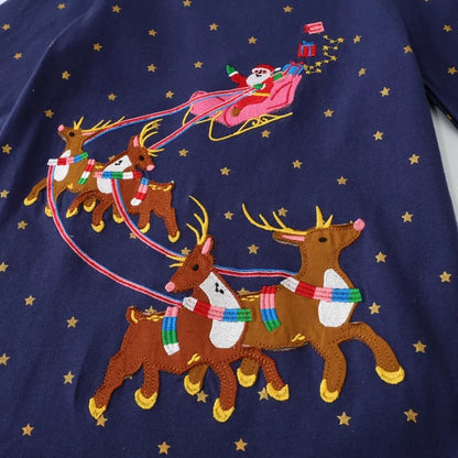HILEELANG Toddler Girl Christmas Dress Navy Blue Dot Santa Elk Deer Long Sleeve Cotton Casual Holiday Dresses