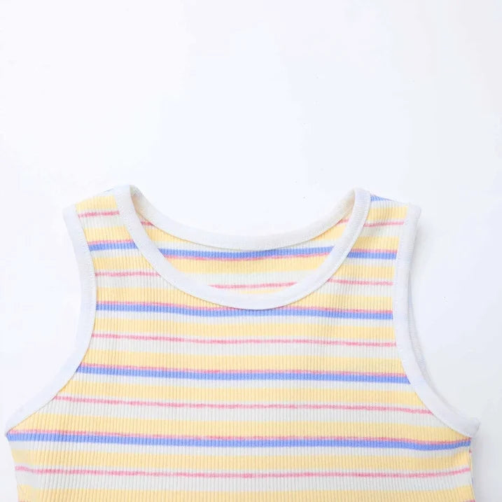 HILEELANG 2-7T Toddler Little Girls Multicolor Striped Ribbed Tulle Dress, Soft Yellow Sleeveless Summer Sundress