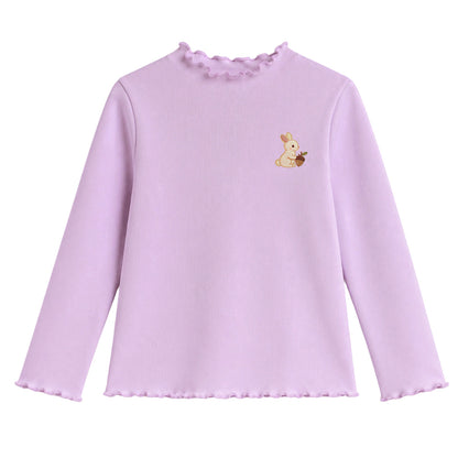 HILEELANG Toddler Girls Long Sleeve T-Shirts 2-Pack, Ruffle Trim Deer Embroidery, Ivory and Lavender