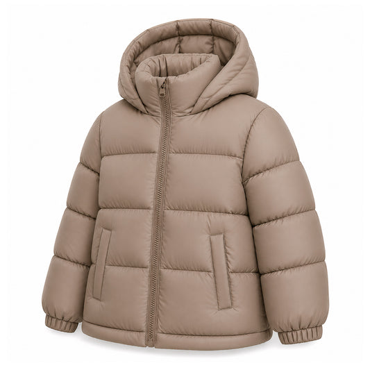 HILEELANG 6-16Y Girls Beige Outerwear Coat, Hooded Short Puffer Jacket for Winter