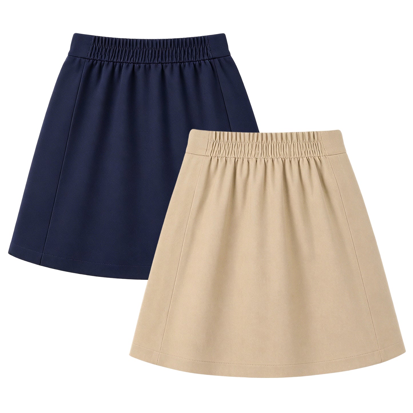 HILEELANG 4-13 Little Big Girls 2 Pack Skorts Navy and Khaki with Built-in Shorts School Uniform Skirt Set Kids Elastic Waist with Pockets Scooter
