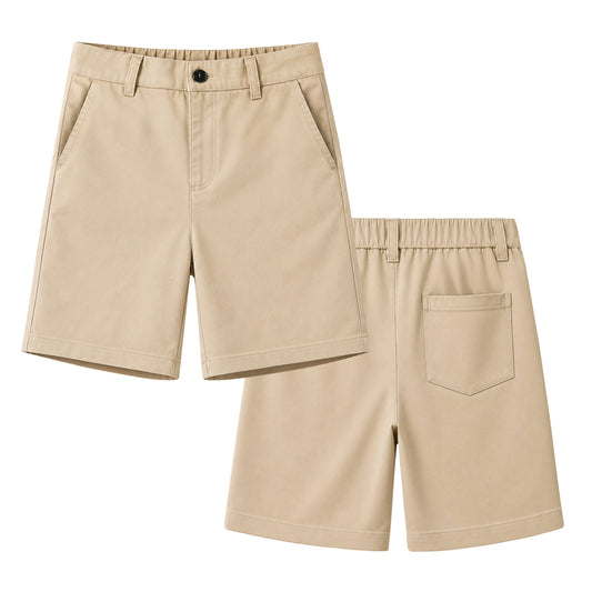 HILEELANG 5-15 Years Little Big Boys School Uniform Shorts 2 Pack, Elastic Waist Flat Front Khaki Chino Shorts with Pockets for Kids Khaki