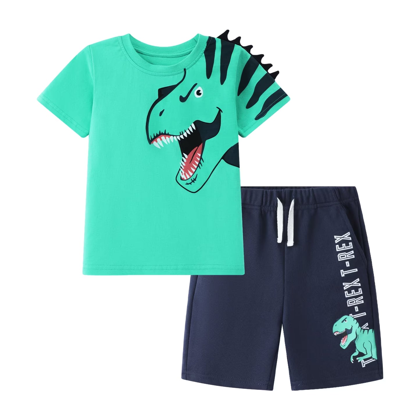 HILEELANG Toddler Dino Themed Cotton Short Sets - Green Dinosaur Tee with Plaid Shorts for 2-7Years(3T)