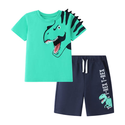 HILEELANG Toddler Dino Themed Cotton Short Sets - Green Dinosaur Tee with Plaid Shorts for 2-7Years(3T)