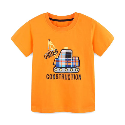 HILEELANG Toddler Boy Summer Short Clothes Sets Outfits Easter Cotton Orange Excavator Tee Shirts Shorts Playwear 3T