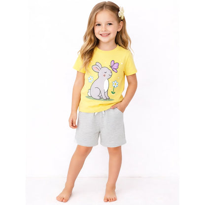 HILEELANG Toddler Girls 100% Cotton Hello Spring Bunny Short Set