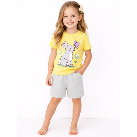 HILEELANG Toddler Girls 100% Cotton Hello Spring Bunny Short Set