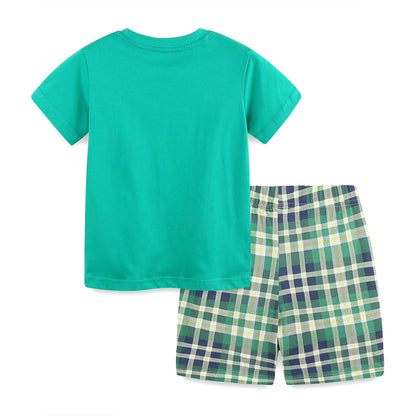 HILEELANG Toddler Boy Summer Short Clothes Sets Outfits Easter Cotton Green Bus Tee Shirts Shorts Playwear 3T