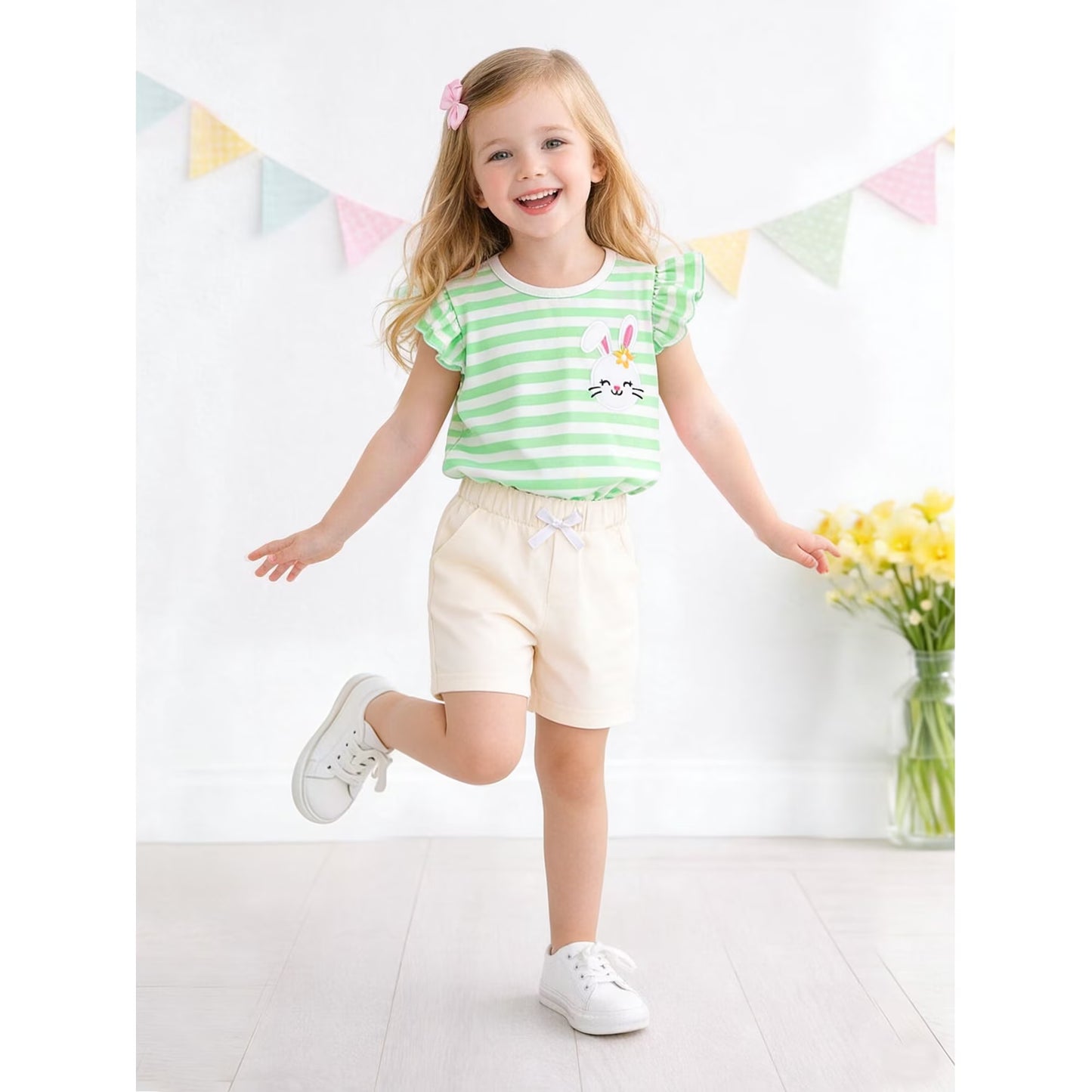 Hero image 1 of HILEELANG Toddler Girls 100% Cotton Bunny Stripe Ruffle Short Set, Sizes 2T, 1 of 7      Best seller Visit the HILEELANG Store HILEELANG Toddler Girls 100% Cotton Bunny Stripe Ruffle Short Set