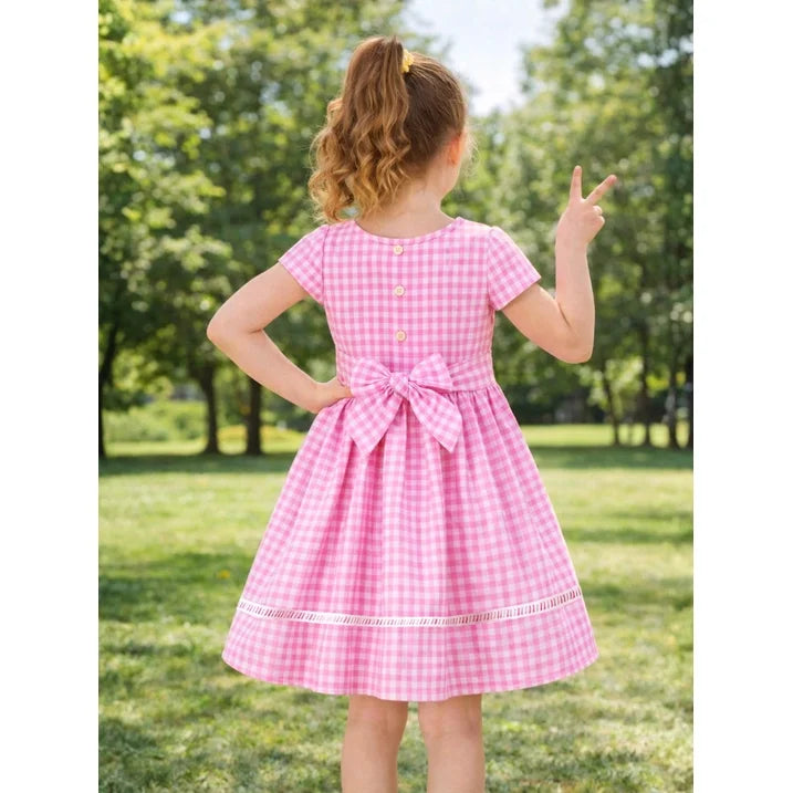 HILEELANG 3-13T Little/Big Girls Pink Gingham 100% Cotton Dress