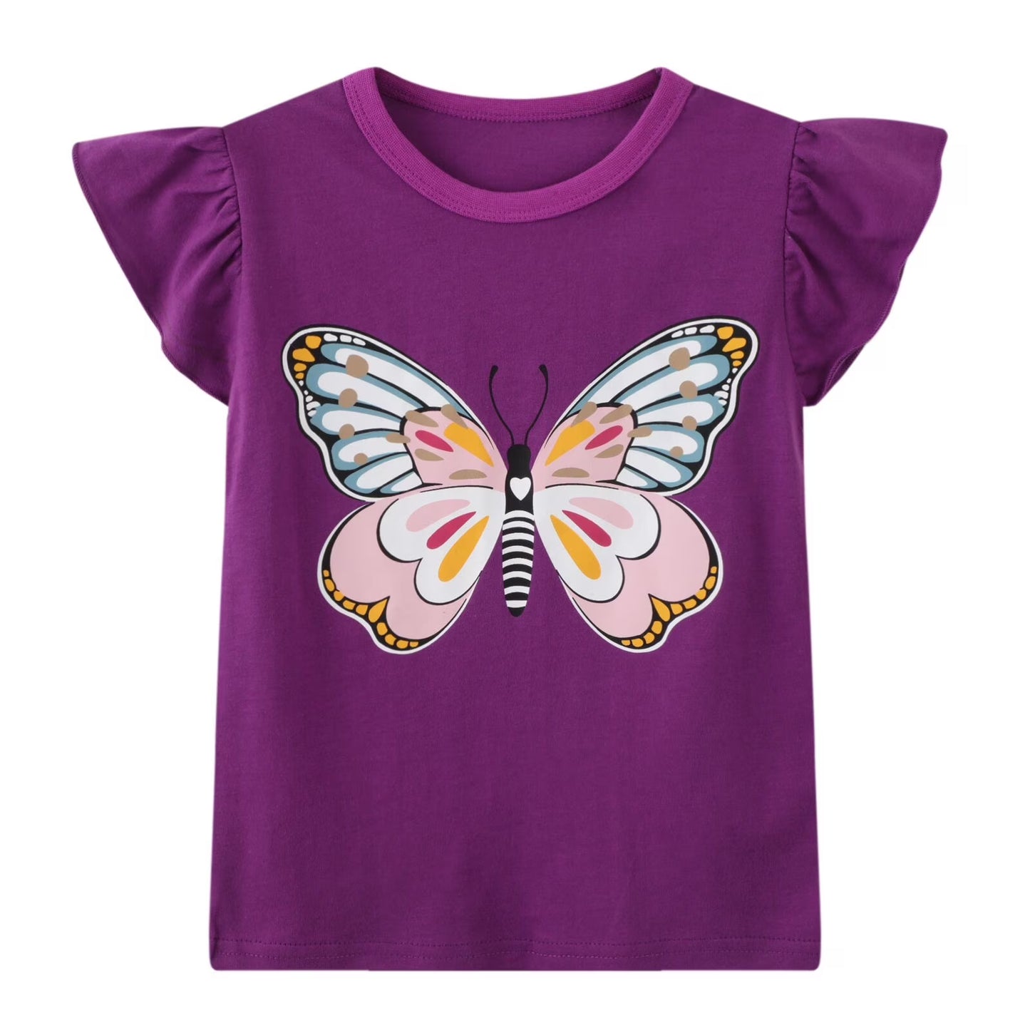 HILEELANG Toddler Girl's Tee Shirts Summer Puff Short Sleeve Cotton Casual Crewneck Graphic Ruffle Cap Easter Purple Butterfly T-Shirts Tops 3 Packs