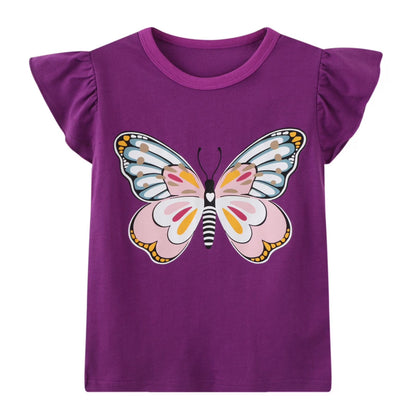 HILEELANG Toddler Girl's Tee Shirts Summer Puff Short Sleeve Cotton Casual Crewneck Graphic Ruffle Cap Easter Purple Butterfly T-Shirts Tops 3 Packs