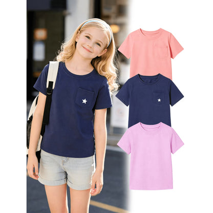 HILEELANG Little/Big Girls 4-13Y Pink/Purple/Navy Pocket 100% Cotton T-Shirt 3-Pack