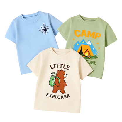 HILEELANG 2-7T Toddler/Little Boys Sage/Ivory/Blue Camp Adventure Explorer 100% Cotton T-Shirt 3-Pack