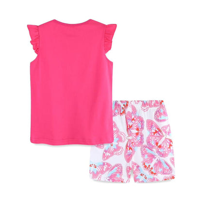 HILEELANG Toddler Girl Summer Short Outfits Cotton CrewNeck Pink Butterfly Short Sleeve Playwear 2PC Sets