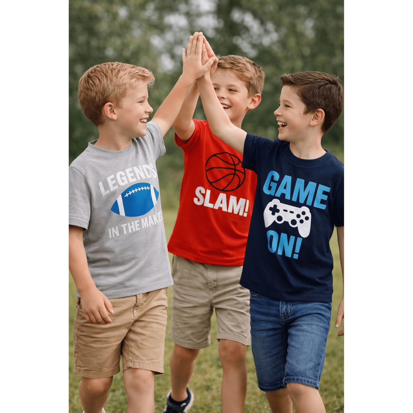 HILEELANG 4-13 Little/Big Boys Red/Navy/Gray Sports Action Graphic 100% Cotton 3-Pack Short Sleeve T-Shirt