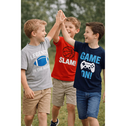 HILEELANG 4-13 Little/Big Boys Red/Navy/Gray Sports Action Graphic 100% Cotton 3-Pack Short Sleeve T-Shirt