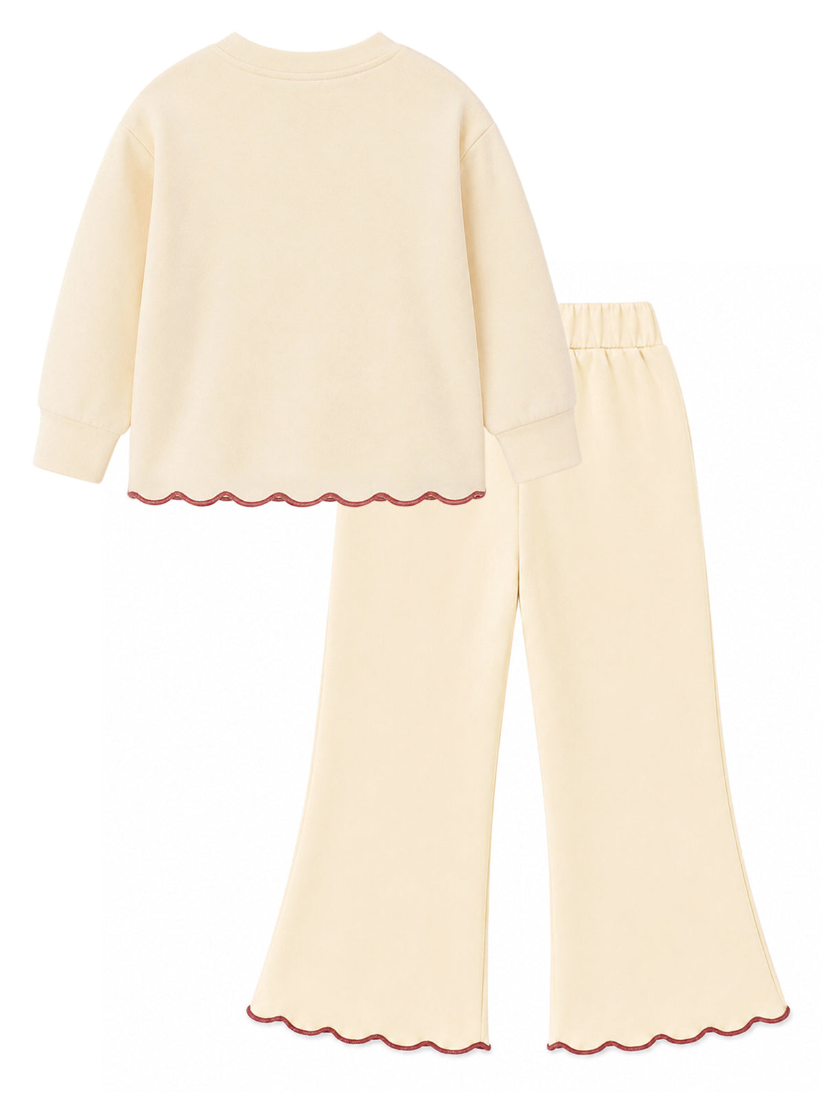 HILEELANG Girls 2-Piece Outfit Set, Bow Embroidered Sweatshirt and Flare Pants with Scalloped Trim, Cream, Ages 3Y