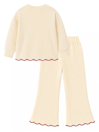 HILEELANG Girls 2-Piece Outfit Set, Bow Embroidered Sweatshirt and Flare Pants with Scalloped Trim, Cream, Ages 3Y