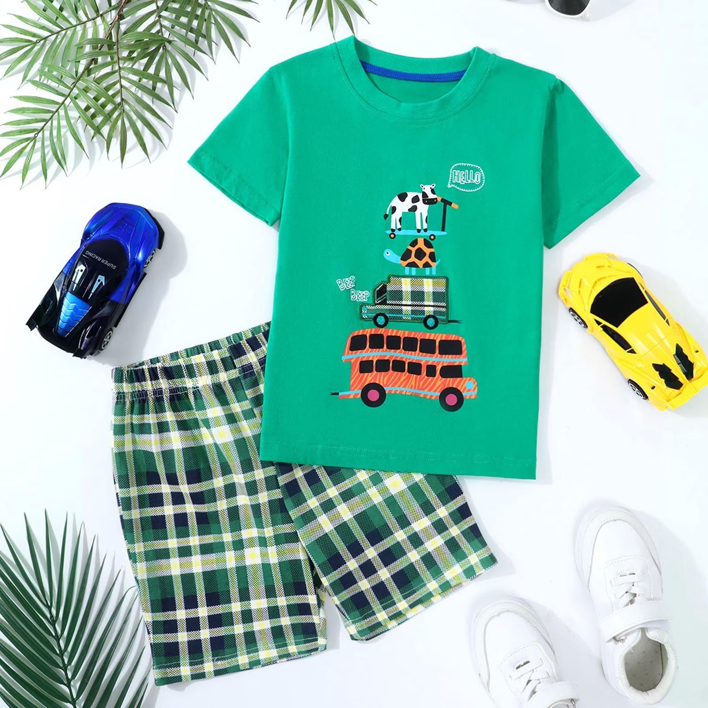 HILEELANG Toddler Boy Summer Short Clothes Sets Outfits Easter Cotton Green Bus Tee Shirts Shorts Playwear 3T