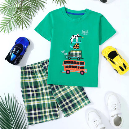 HILEELANG Toddler Boy Summer Short Clothes Sets Outfits Easter Cotton Green Bus Tee Shirts Shorts Playwear 3T