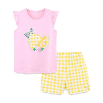 HILEELANG Toddler Girl Summer Short Clothes Sets Outfits Cotton Pink Lemon Tee Shirts Shorts Playwear 2T