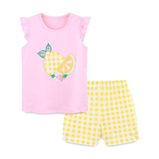 HILEELANG Toddler Girl Summer Short Clothes Sets Outfits Cotton Pink Lemon Tee Shirts Shorts Playwear 2T