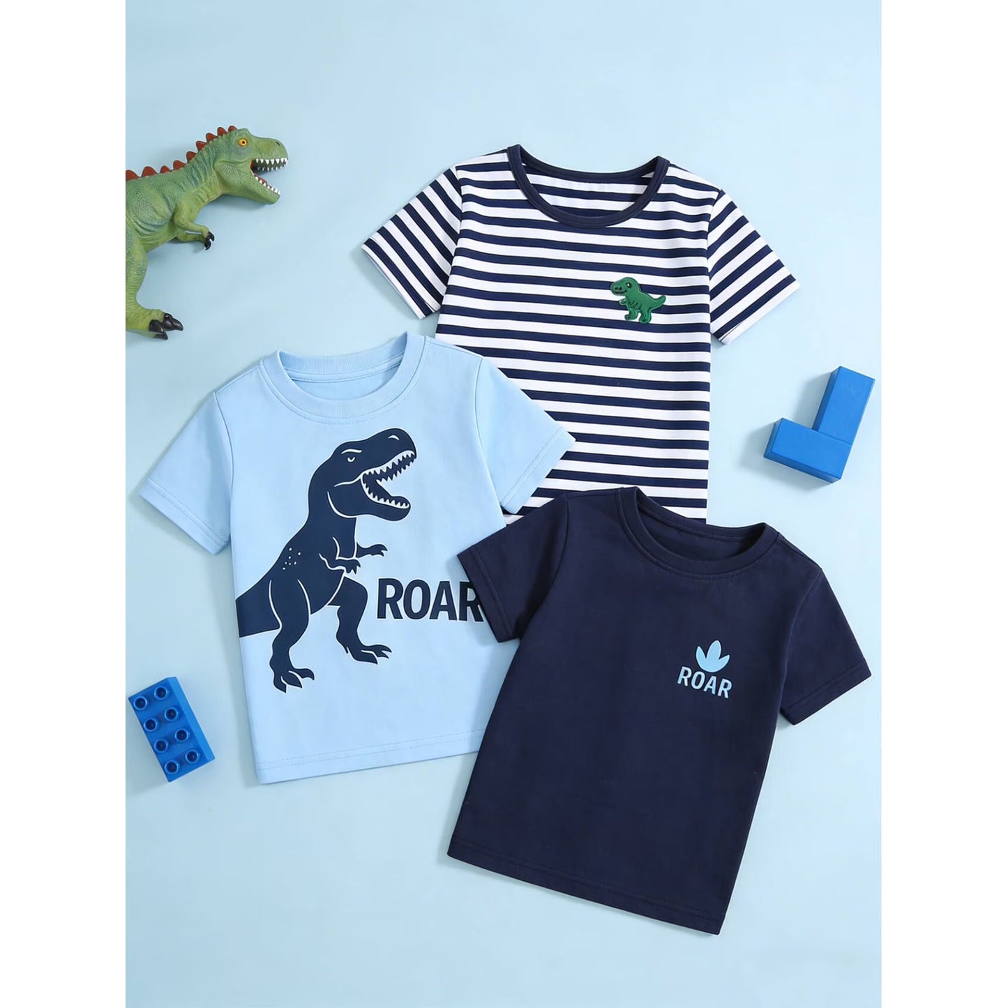 HILEELANG 2-7T Toddler/Little Boys Light Blue/Navy/Stripe Dinosaur ROAR 100% Cotton T-Shirt 3-Pack