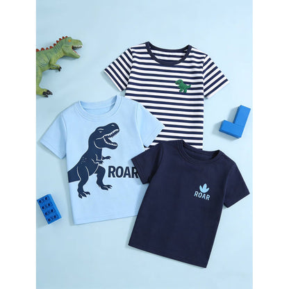 HILEELANG 2-7T Toddler/Little Boys Light Blue/Navy/Stripe Dinosaur ROAR 100% Cotton T-Shirt 3-Pack