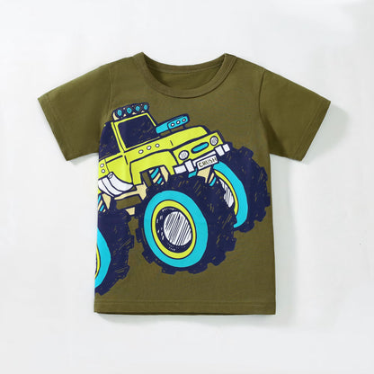 HILEELANG 2-7T Toddler Little Boys 3-Pack T-Shirts Truck Car Construction Vehicle Graphic 100% Cotton Short Sleeve Summer Tees Blue Green Yellow