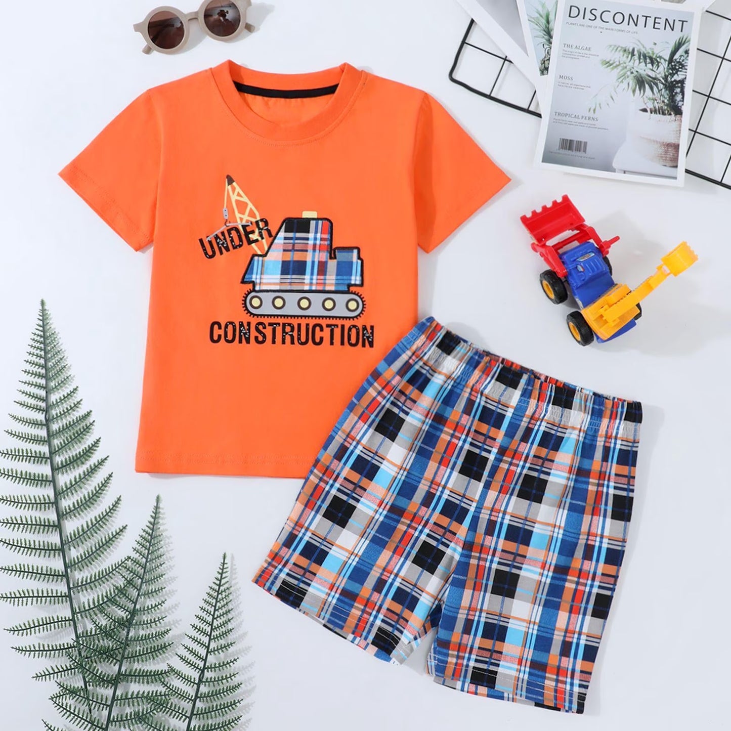 HILEELANG Toddler Boy Summer Short Clothes Sets Outfits Easter Cotton Orange Excavator Tee Shirts Shorts Playwear 3T