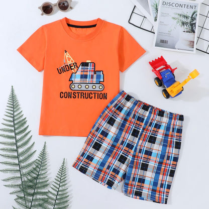 HILEELANG Toddler Boy Summer Short Clothes Sets Outfits Easter Cotton Orange Excavator Tee Shirts Shorts Playwear 3T