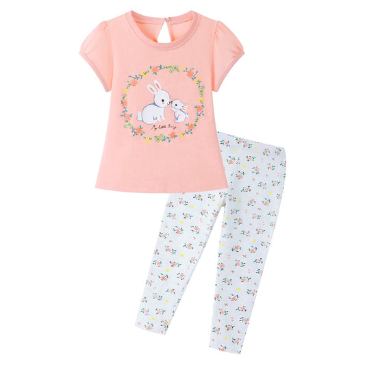 HILEELANG Toddler Girl Easter T-Shirt Leggings Outfit Set Summer Cotton Pink White Bunny Rabbit Ruffle Short Clothing Sets